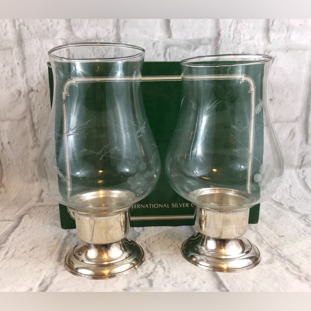 Vtg International Silver Co | Pair of Silverplated Hurricanes  EtchedGlobes